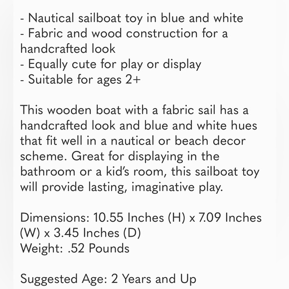 HEARTH & HAND NWT wooden toy sail boat -blue/cream - Picture 4 of 4